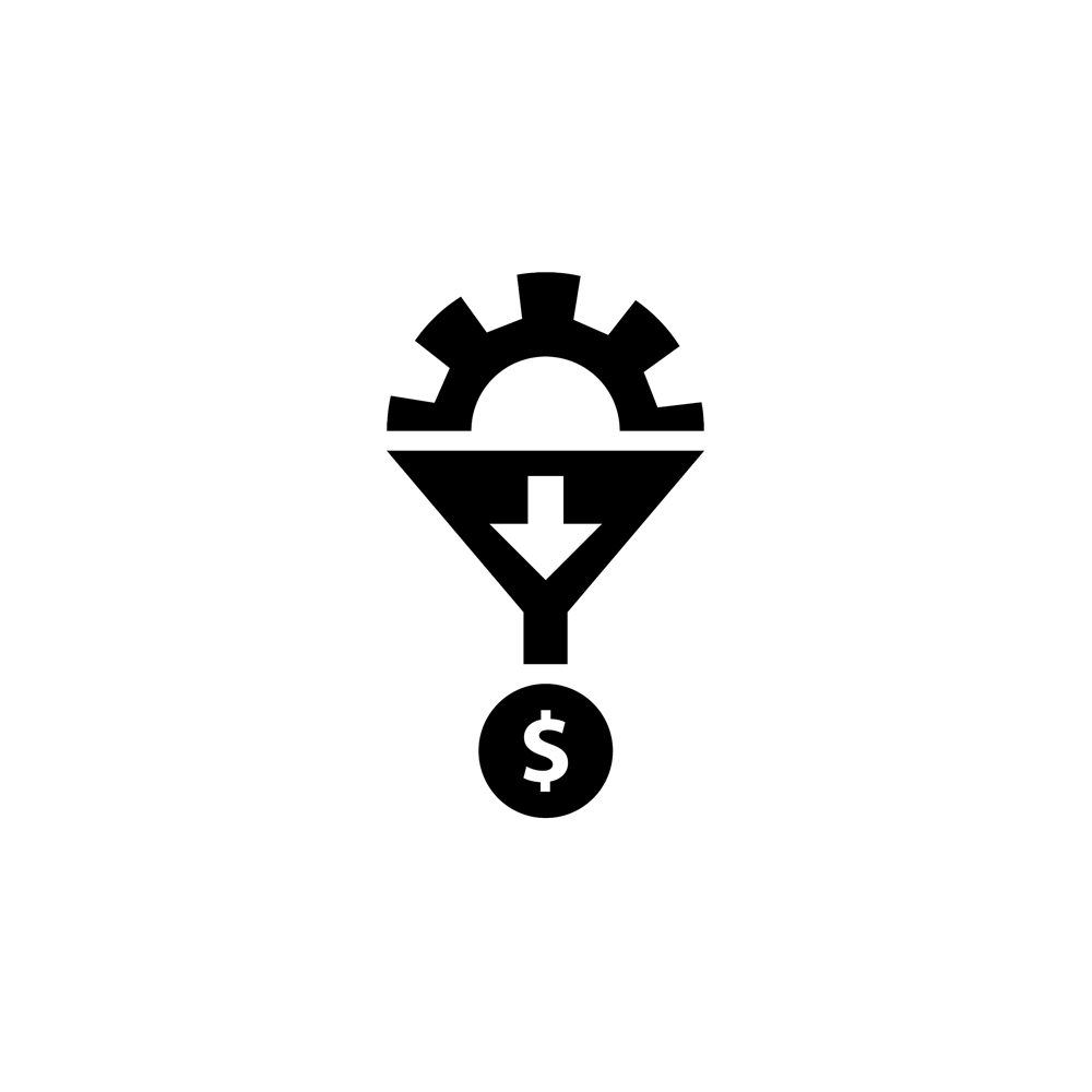 Icon of a funnel with a cog entering at the wide end and a dollar sign at the other end
